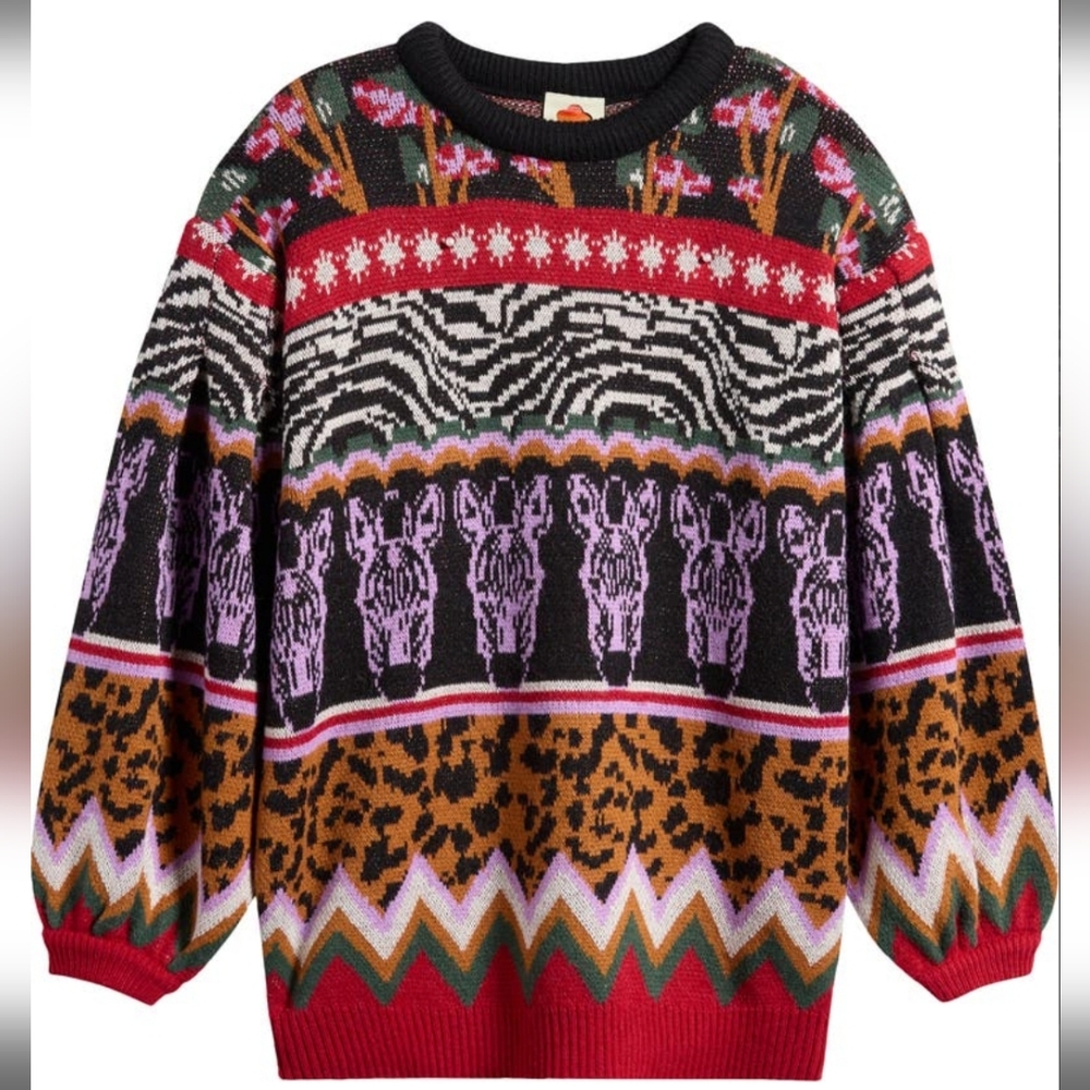 Farm Rio Anika Mixed Jacquard Oversized Sweater Size XXSmall In Zebra Ainika NWT